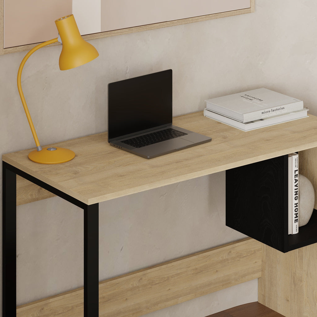 Decortieliving - Model 4 Working Table with 1 Square Shelf - Oak - Black Wood