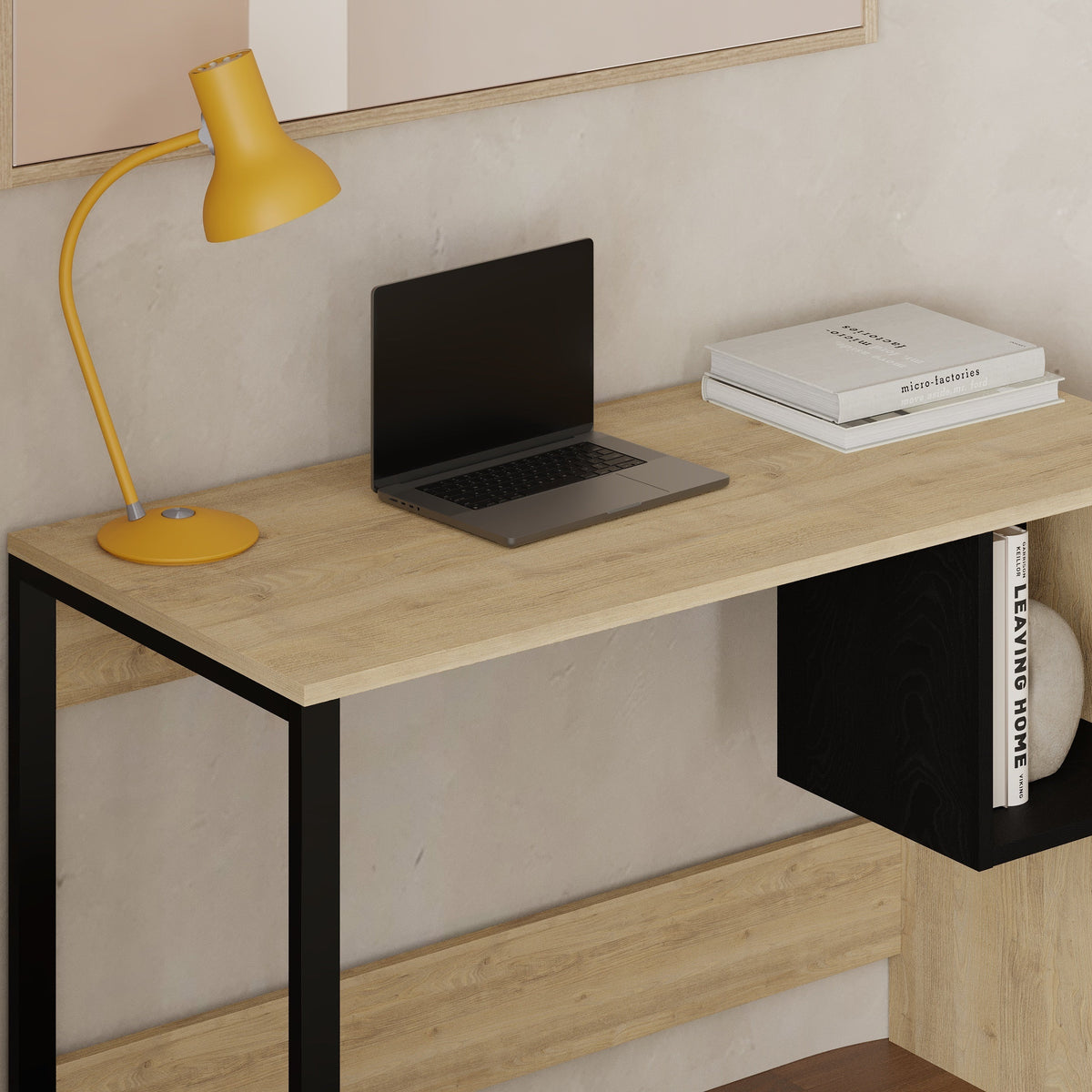 Decortieliving - Model 4 Working Table with 1 Square Shelf - Oak - Black Wood