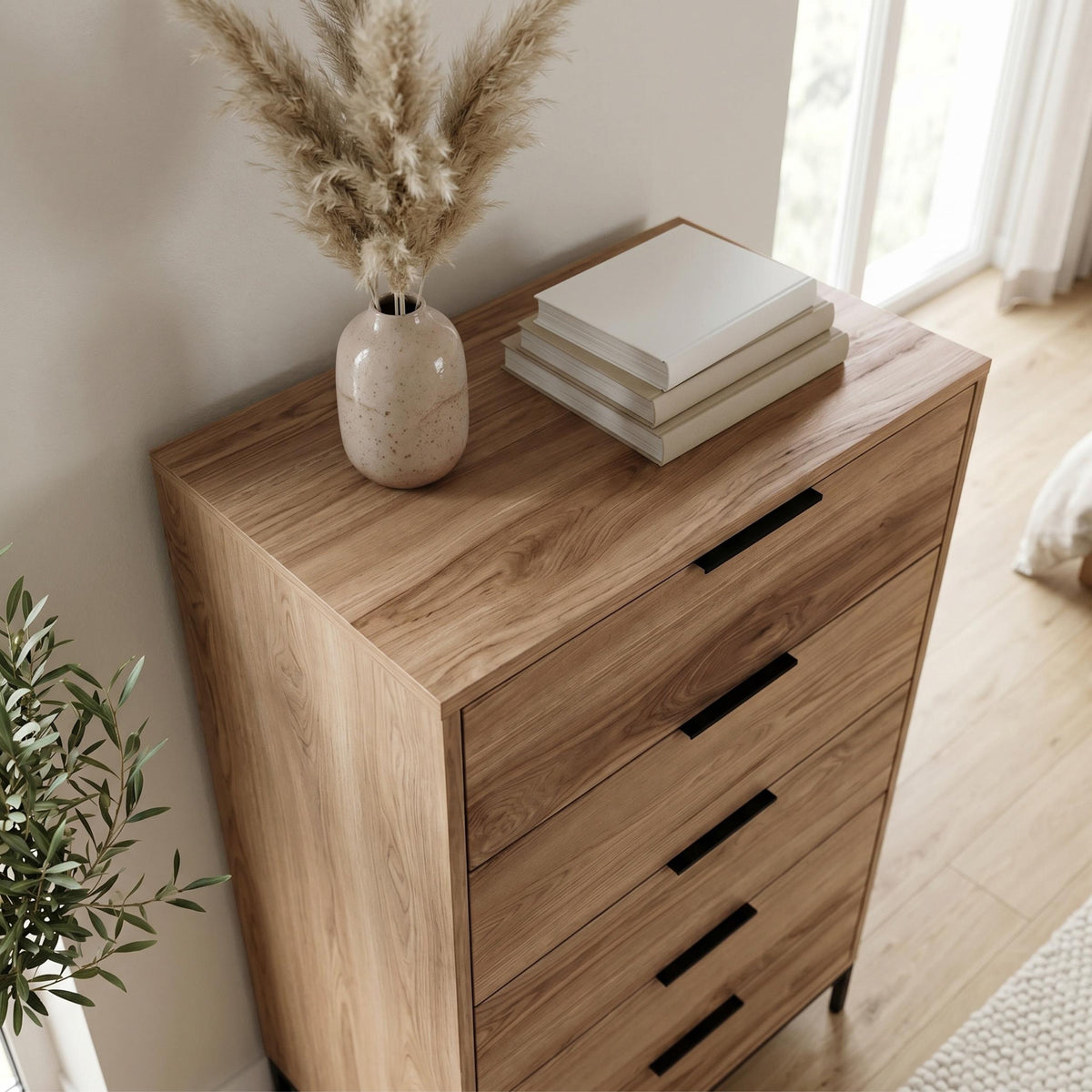 Decortieliving - Mars 5 Drawer Tall Chest of Drawers Whiskey Oak W70 cm