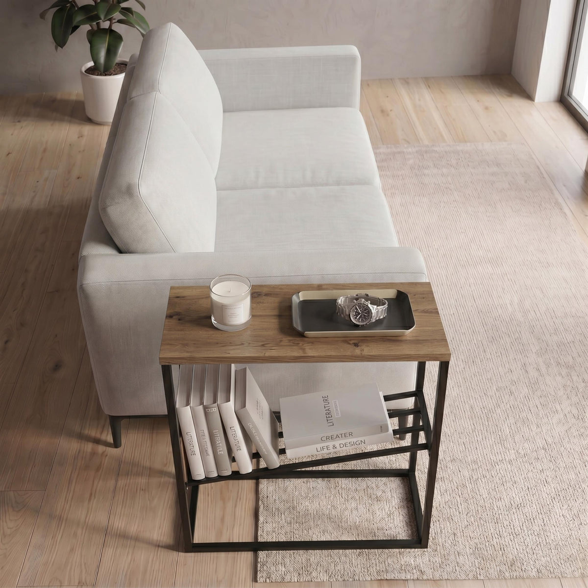 Decortieliving - Tenol Modern Side Table with Metal Angled Shelf
