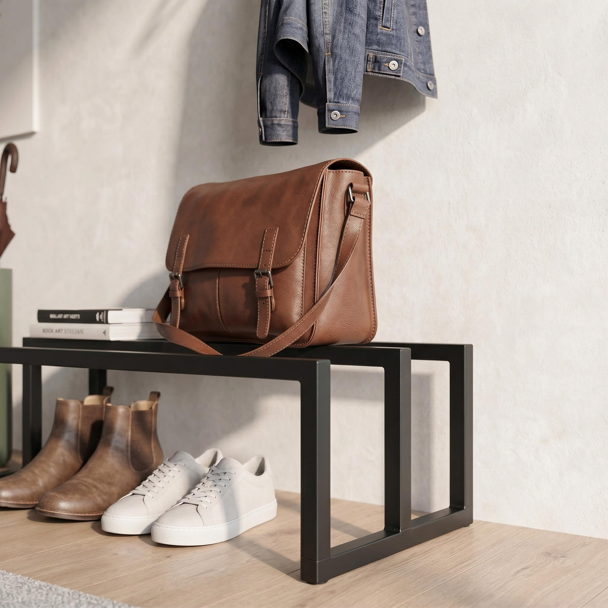 Decortieliving - Roya Hall Set Shoe Rack, 5 Metal Hook Wall Rail Black 72 x 30 x 50.2 cm
