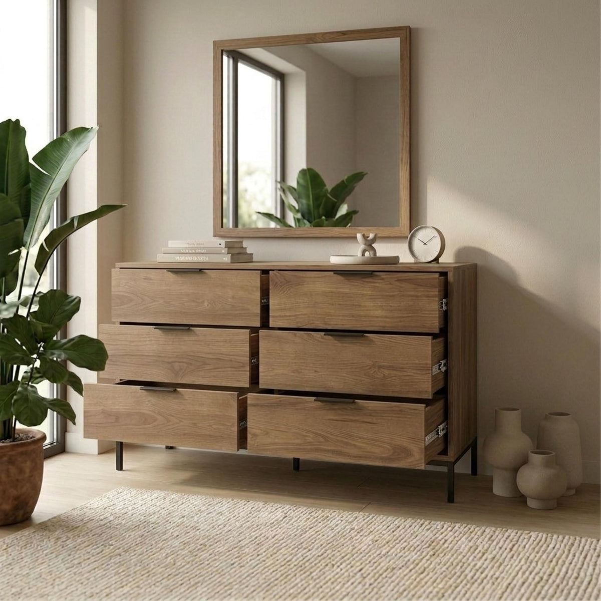 Decortieliving - Mars 6 Drawer Wide Chest of Drawers Whiskey Oak W140 cm