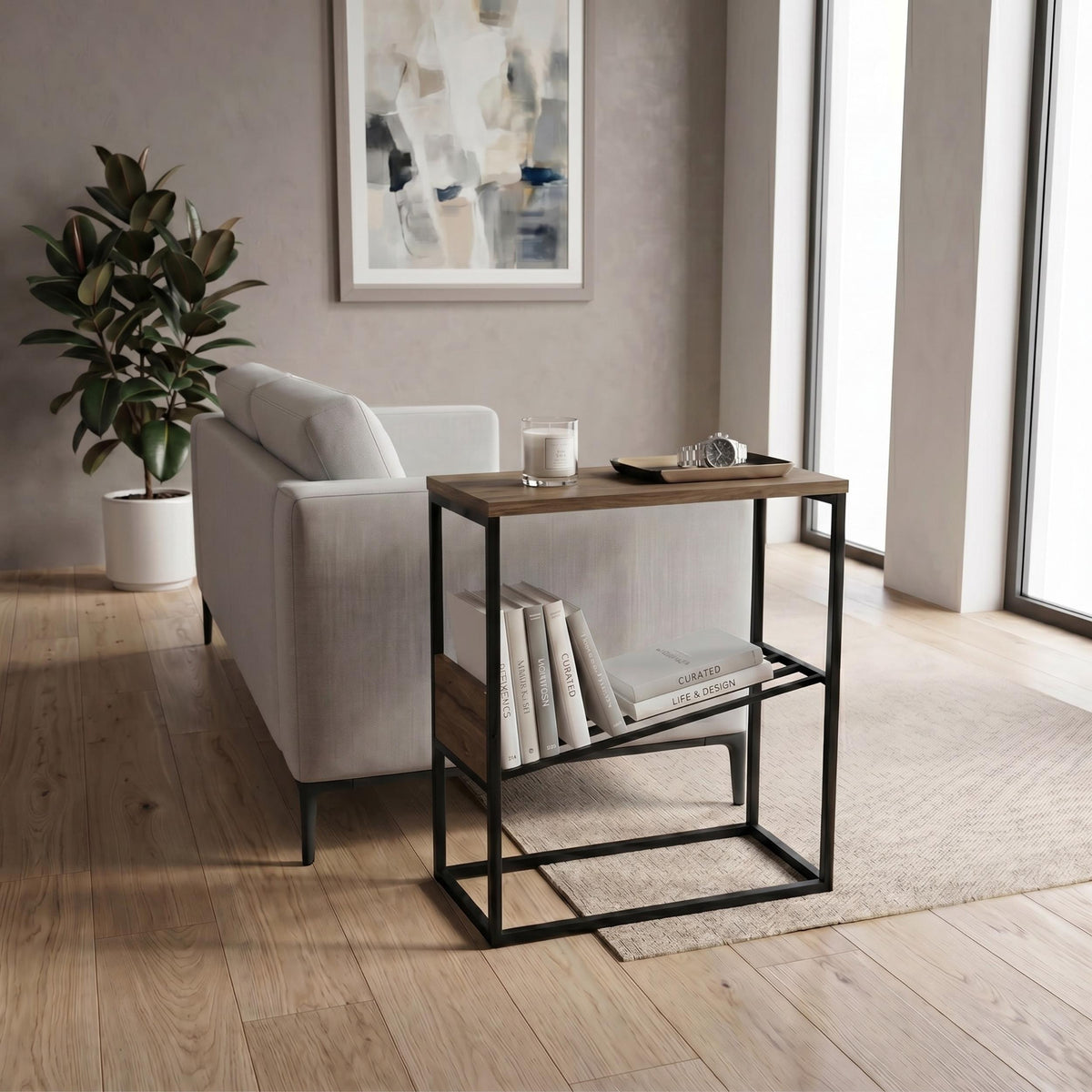 Decortieliving - Tenol Modern Side Table with Metal Angled Shelf