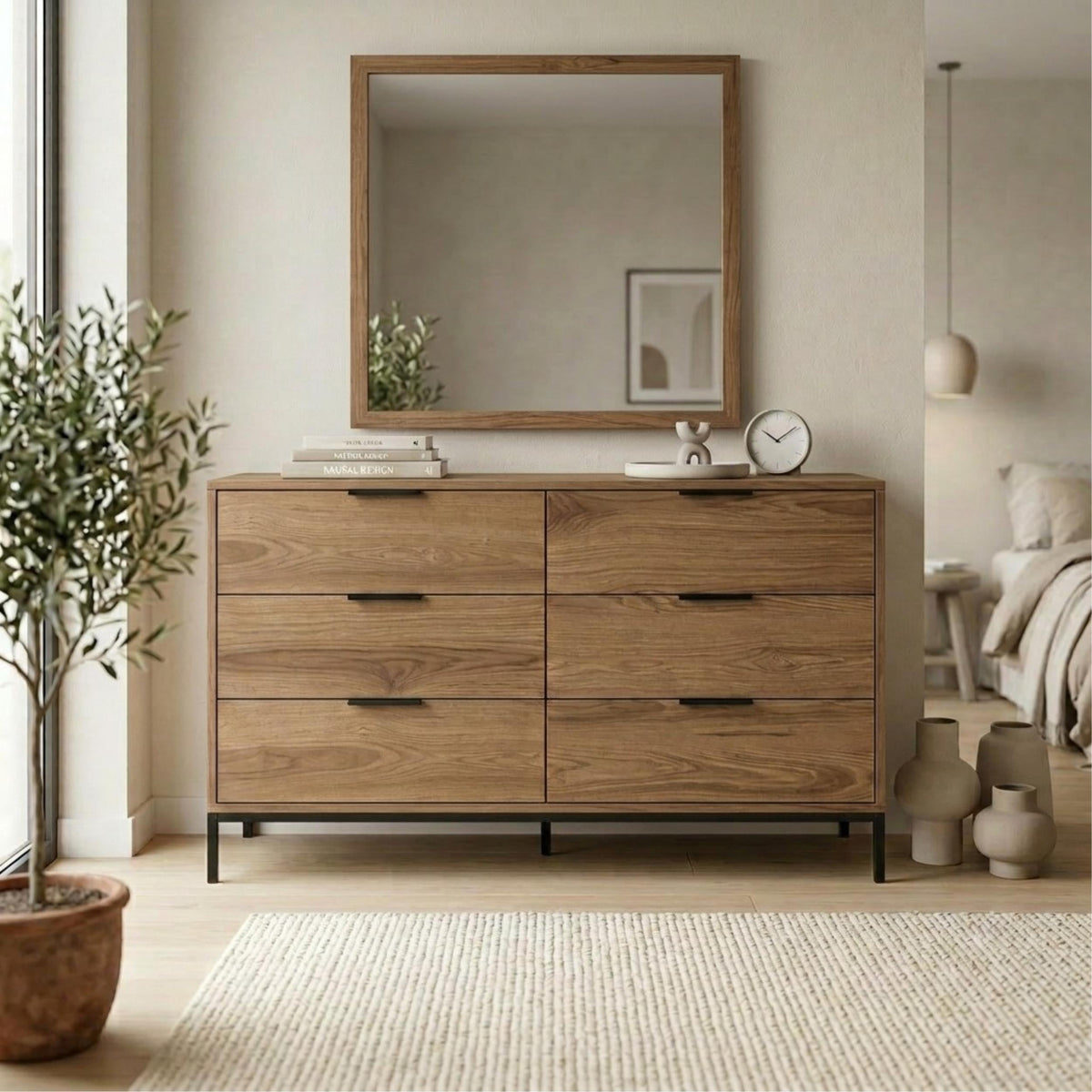 Decortieliving - Mars 6 Drawer Wide Chest of Drawers Whiskey Oak W140 cm