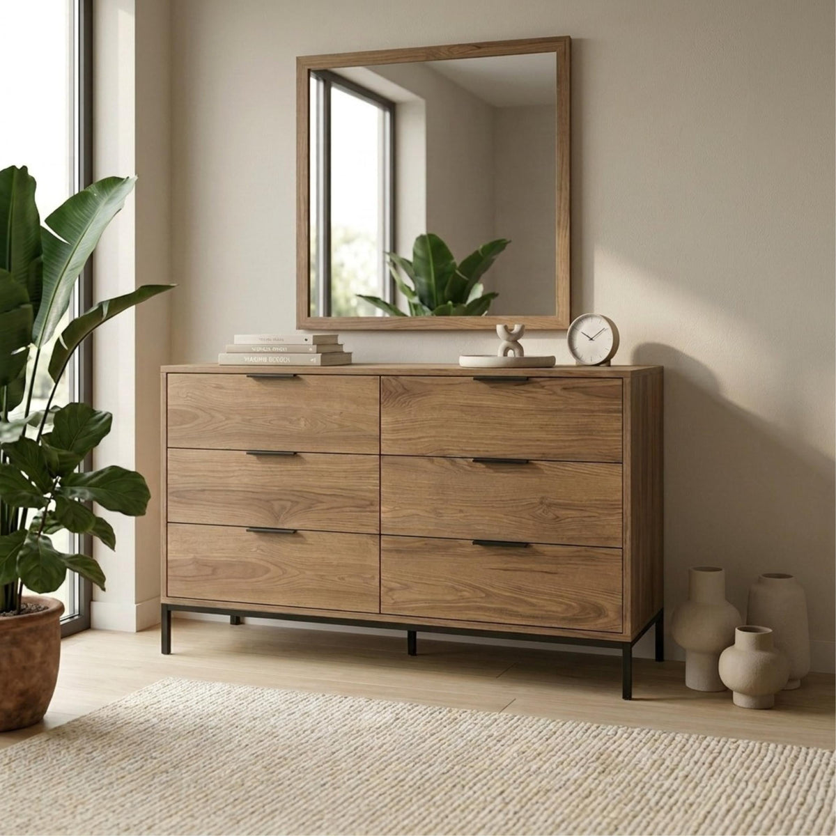 Decortieliving - Mars 6 Drawer Wide Chest of Drawers Whiskey Oak W140 cm