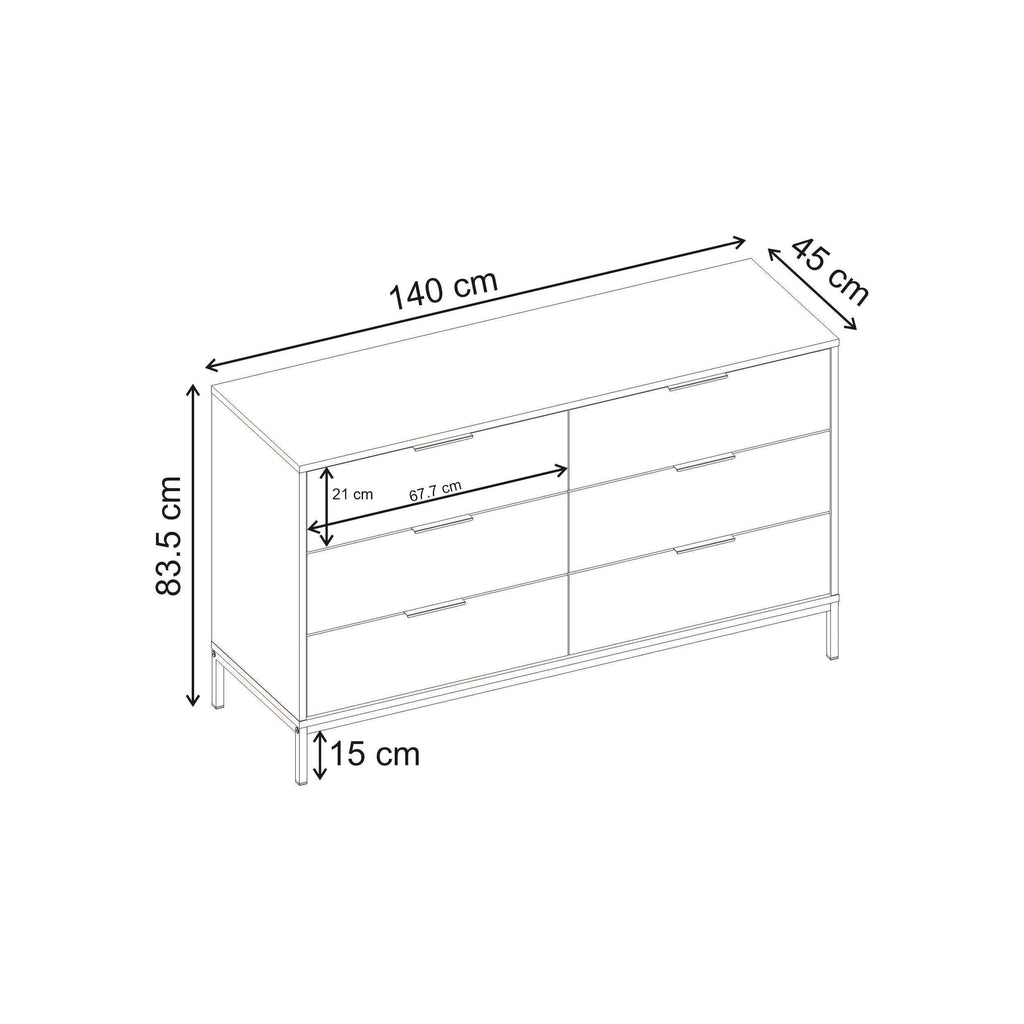 Decortieliving - Mars 6 Drawer Wide Chest of Drawers Whiskey Oak W140 cm