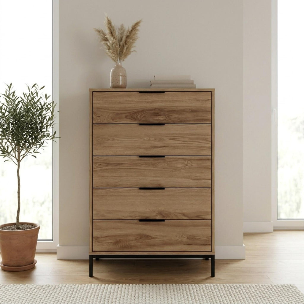 Decortieliving - Mars 5 Drawer Tall Chest of Drawers Whiskey Oak W70 cm