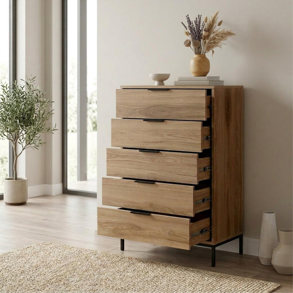 Decortieliving - Mars 5 Drawer Tall Chest of Drawers Whiskey Oak W70 cm
