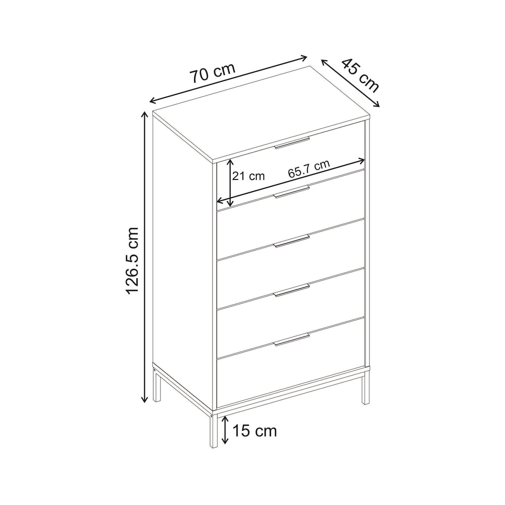 Decortieliving - Mars 5 Drawer Tall Chest of Drawers Whiskey Oak W70 cm