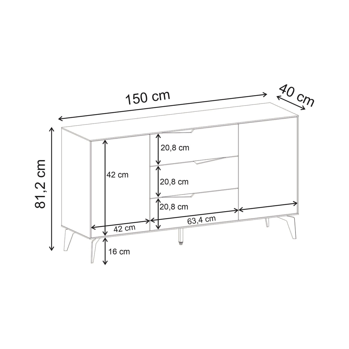 Decortieliving - Jaden Console Sideboard 3 Drawers 2 Doors Sandstone 150 x 40 x 81.2 cm