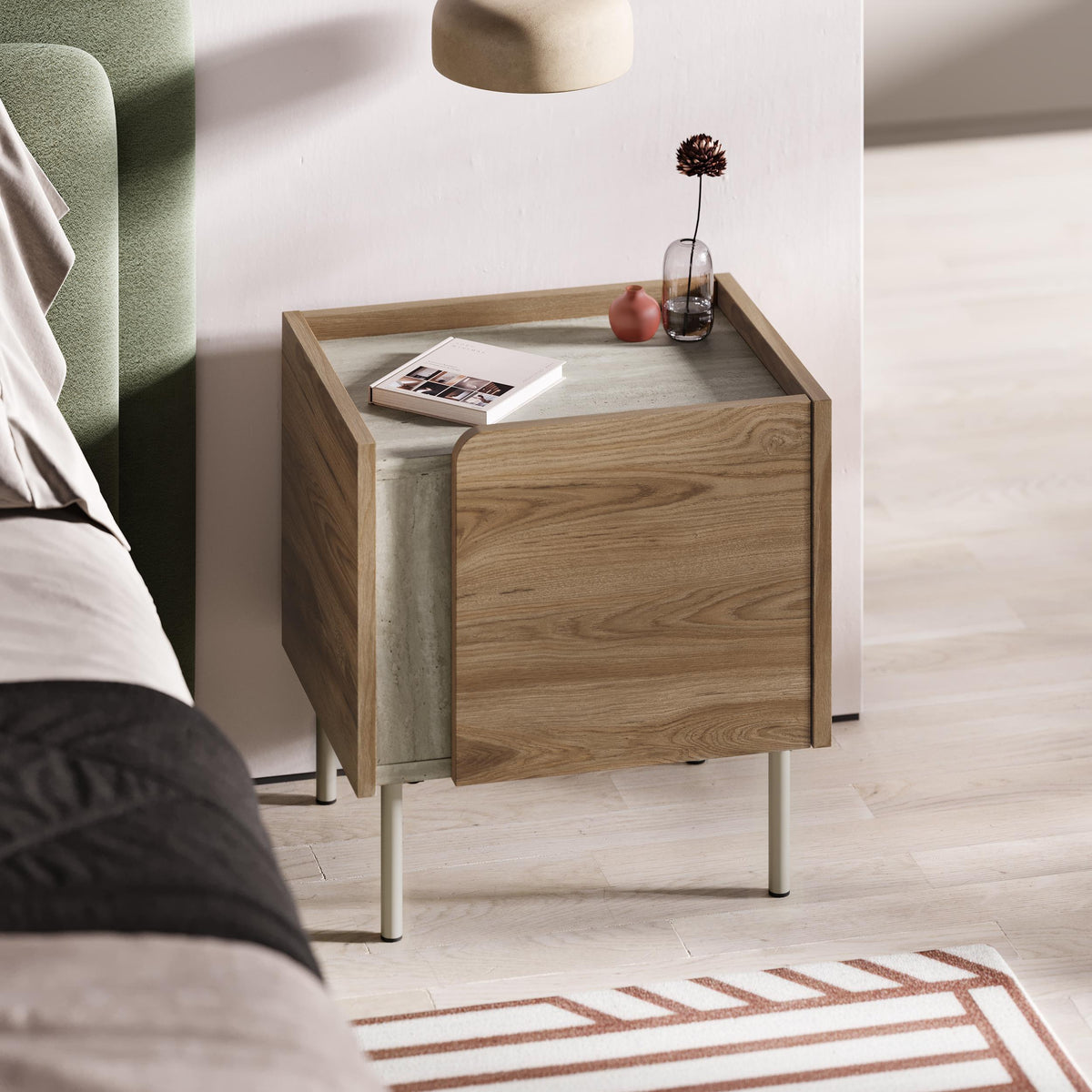 Decortieliving - Norm Modern Bedside Table with Soft-Close Door Storage and Metal Legs