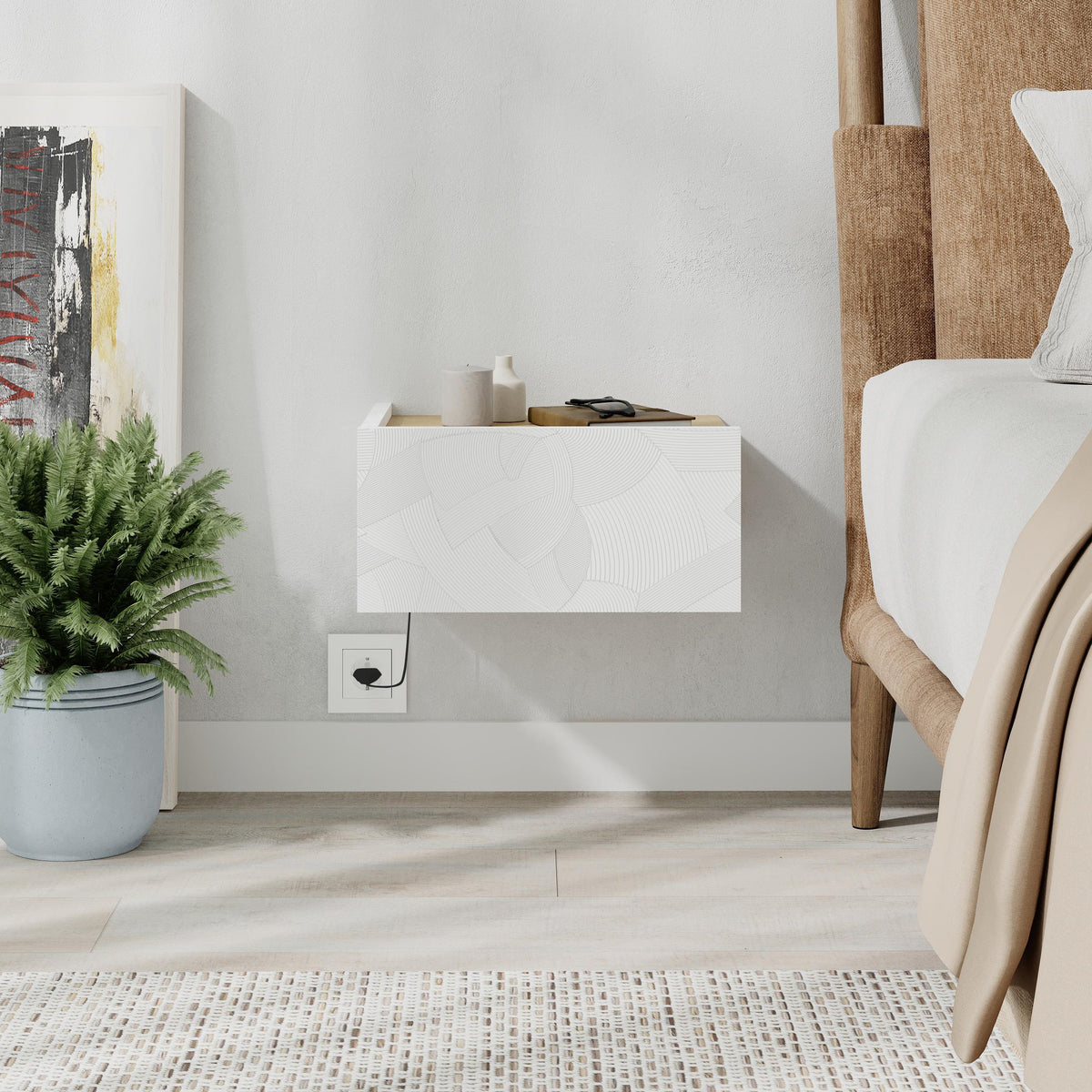 Decortieliving - Onda Wall Mounted Nightstand with Drawer and LED