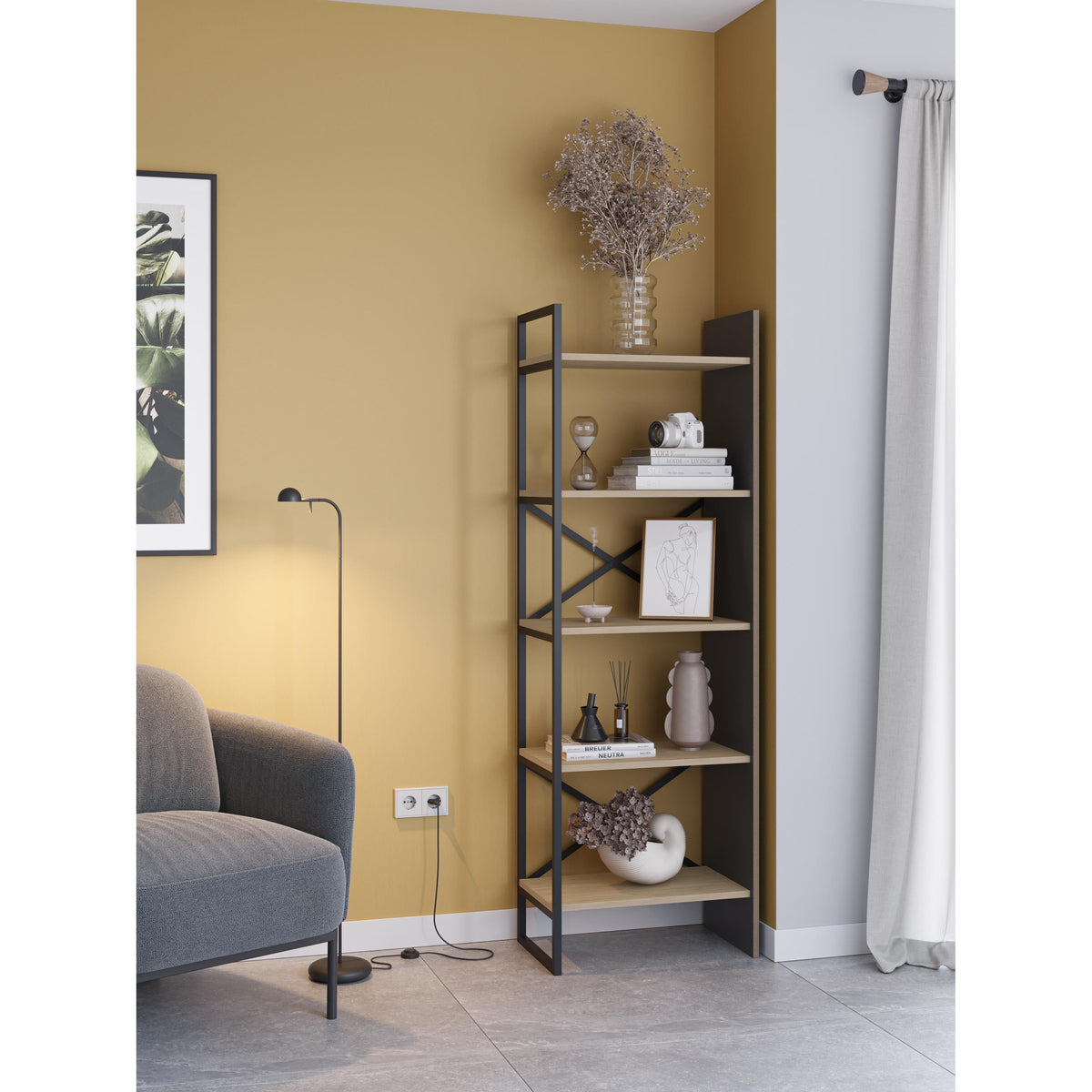 Decortieliving - Detroit Industrial Bookcase Shelving Unit Oak-Black 58 x 175 cm