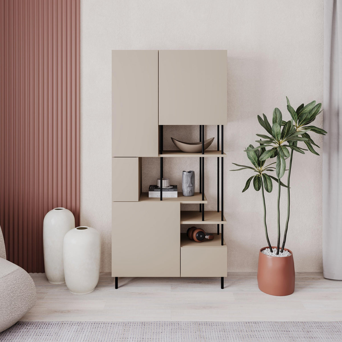 Decortieliving - Key Bookcase – Modern 5 Door Storage Cabinet with Shelves