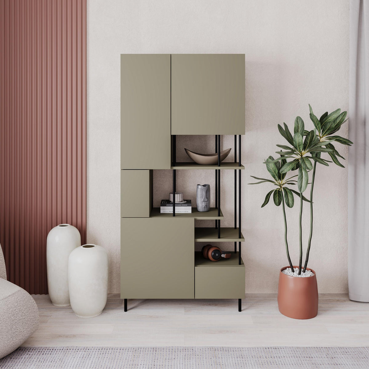 Decortieliving - Key Bookcase – Modern 5 Door Storage Cabinet with Shelves