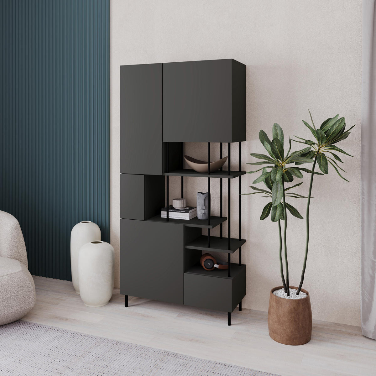 Decortieliving - Key Bookcase – Modern 5 Door Storage Cabinet with Shelves