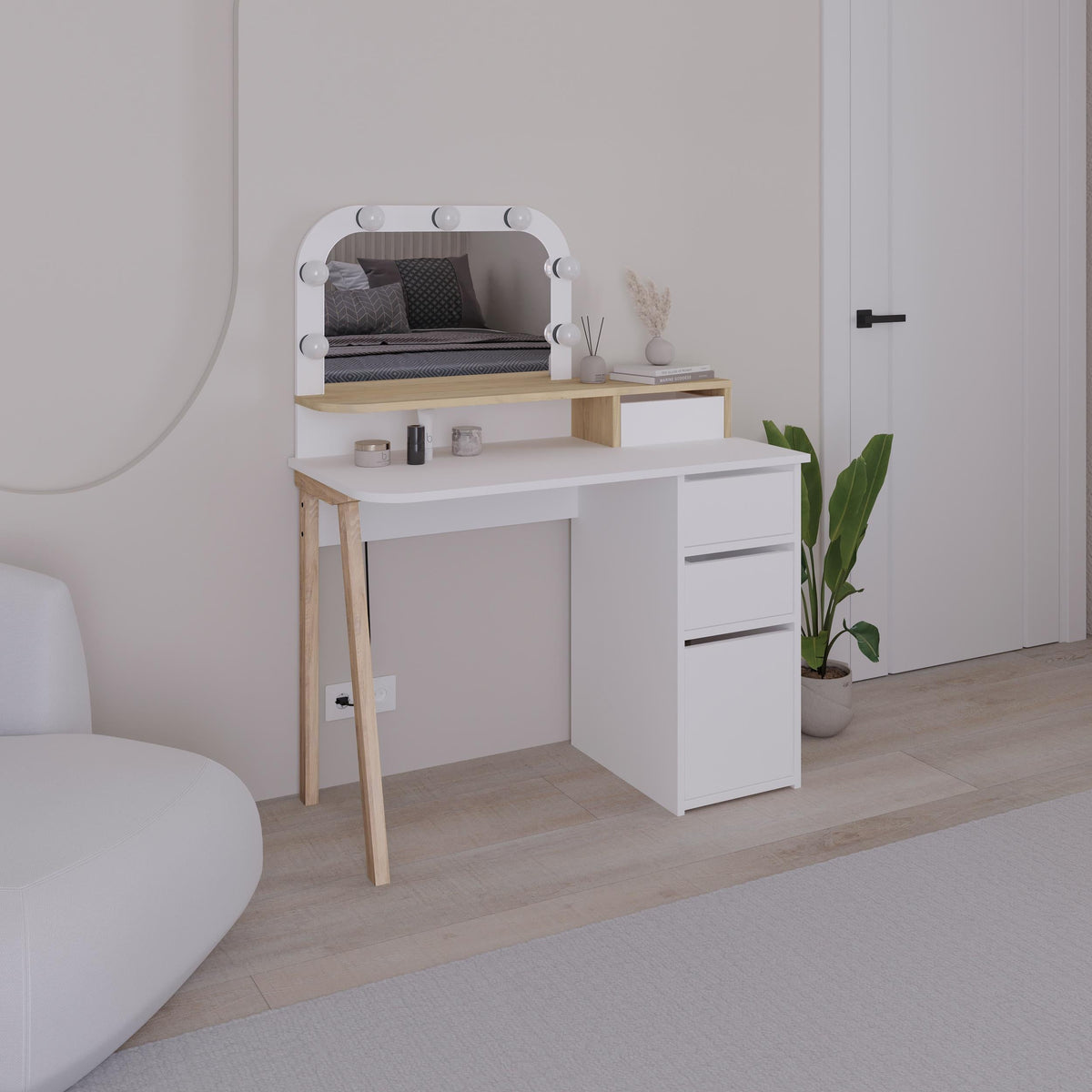 Decortieliving - Avien Dressing Table Set – LED Mirror, 3 Drawers & Storage Cabinet