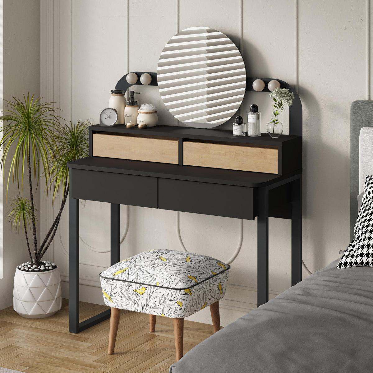 Decortieliving - Lora Vanity Table with Round LED Mirror