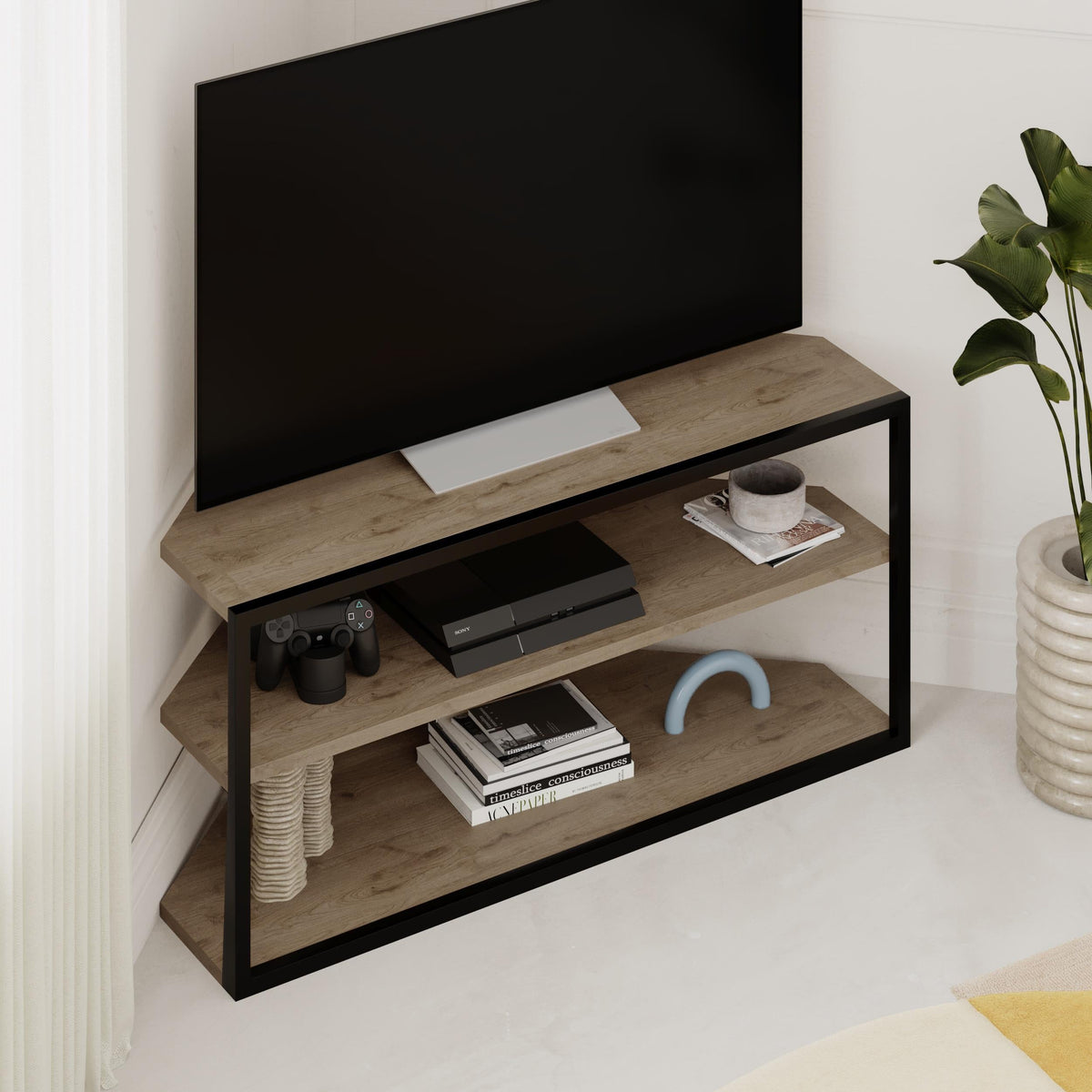 Decortieliving - Echo Corner TV Stand – Compact Corner Unit for TVs with Storage Shelves for Living Rooms or Flats