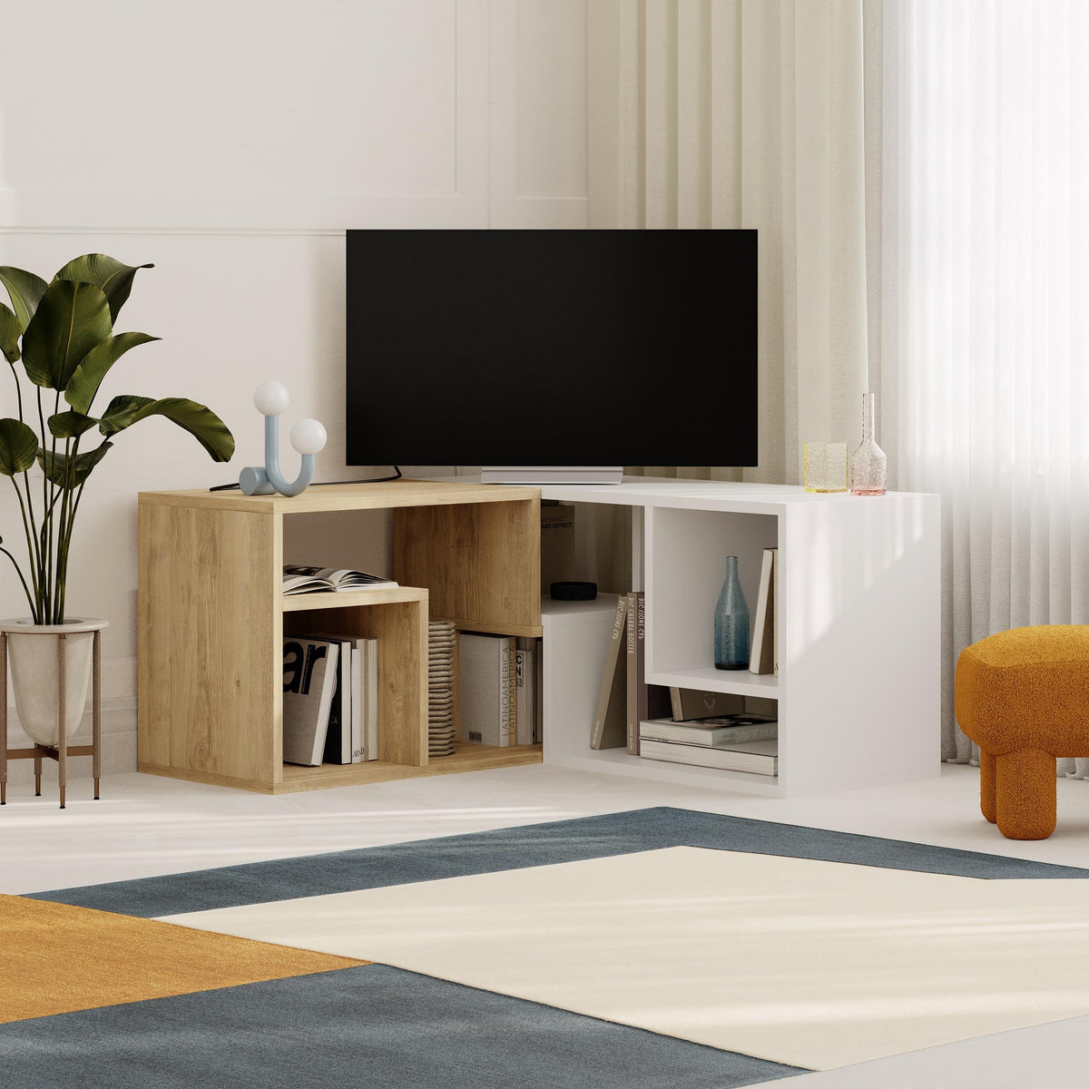 Decortieliving - Glis Corner TV Unit – Modern TV Stand with Adjustable Shelves