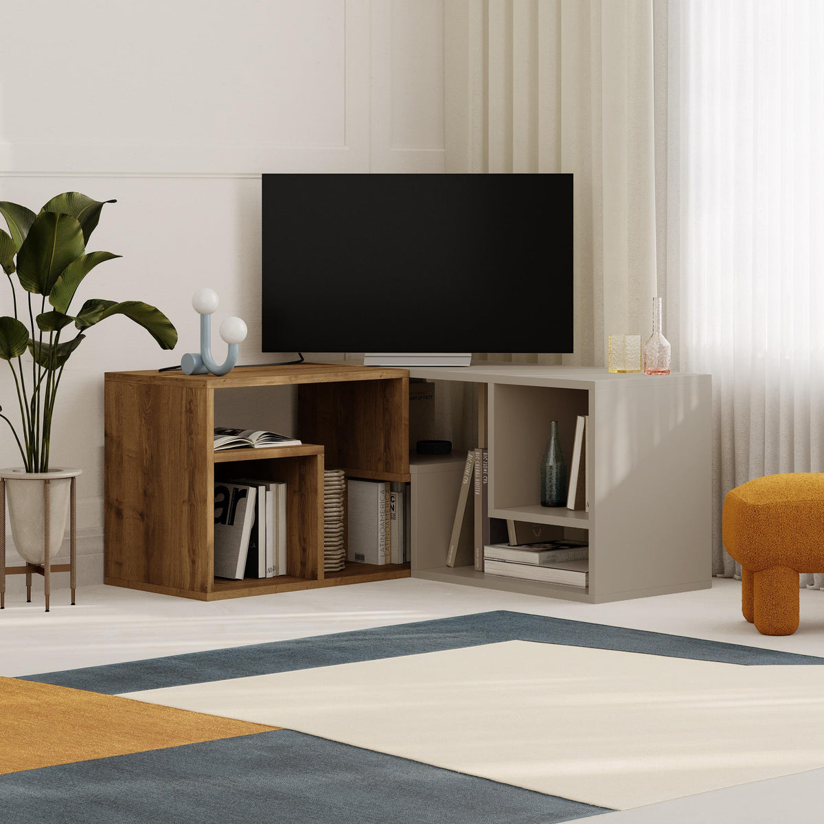 Decortieliving - Glis Corner TV Unit – Modern TV Stand with Adjustable Shelves