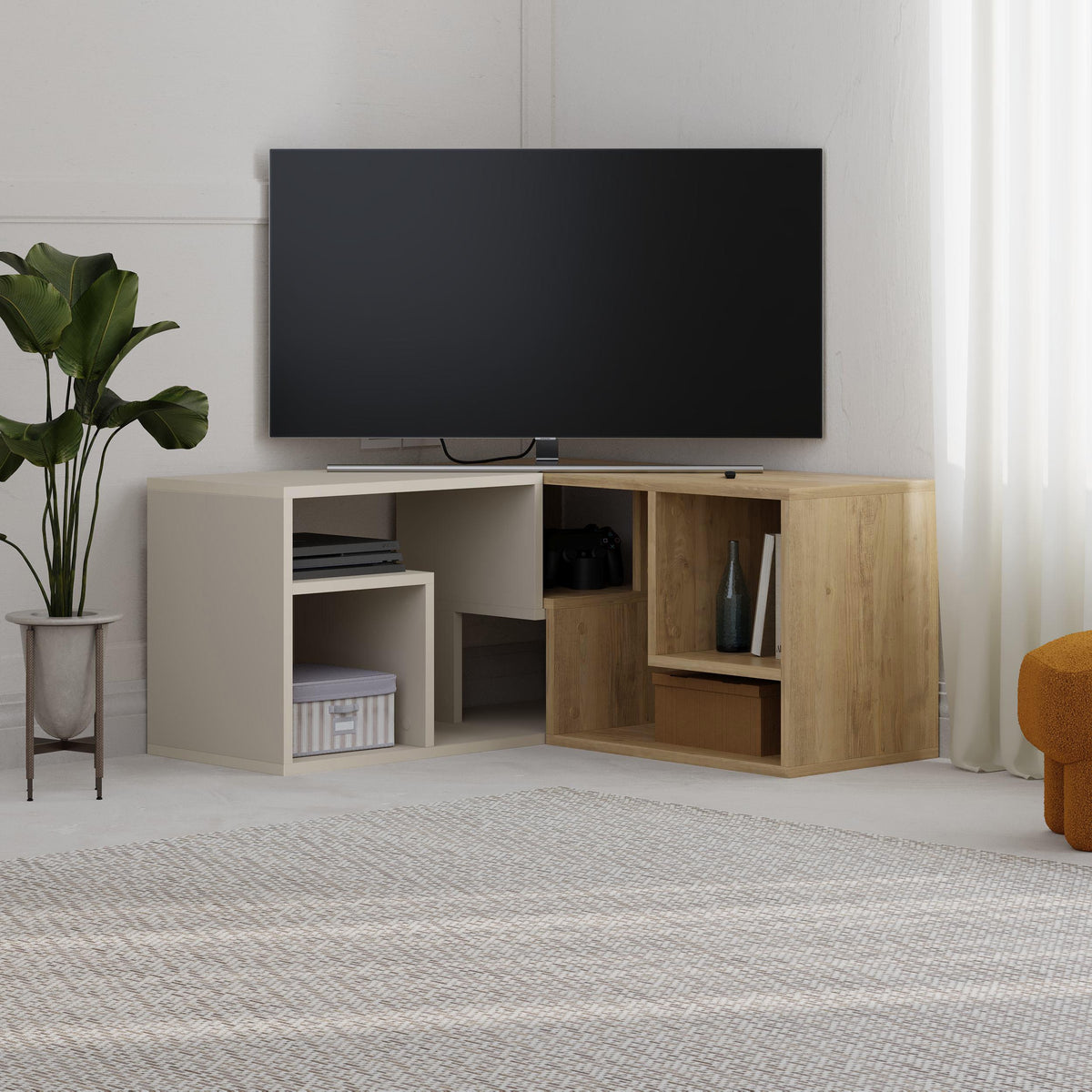 Decortieliving - Glis Corner TV Unit – Modern TV Stand with Adjustable Shelves