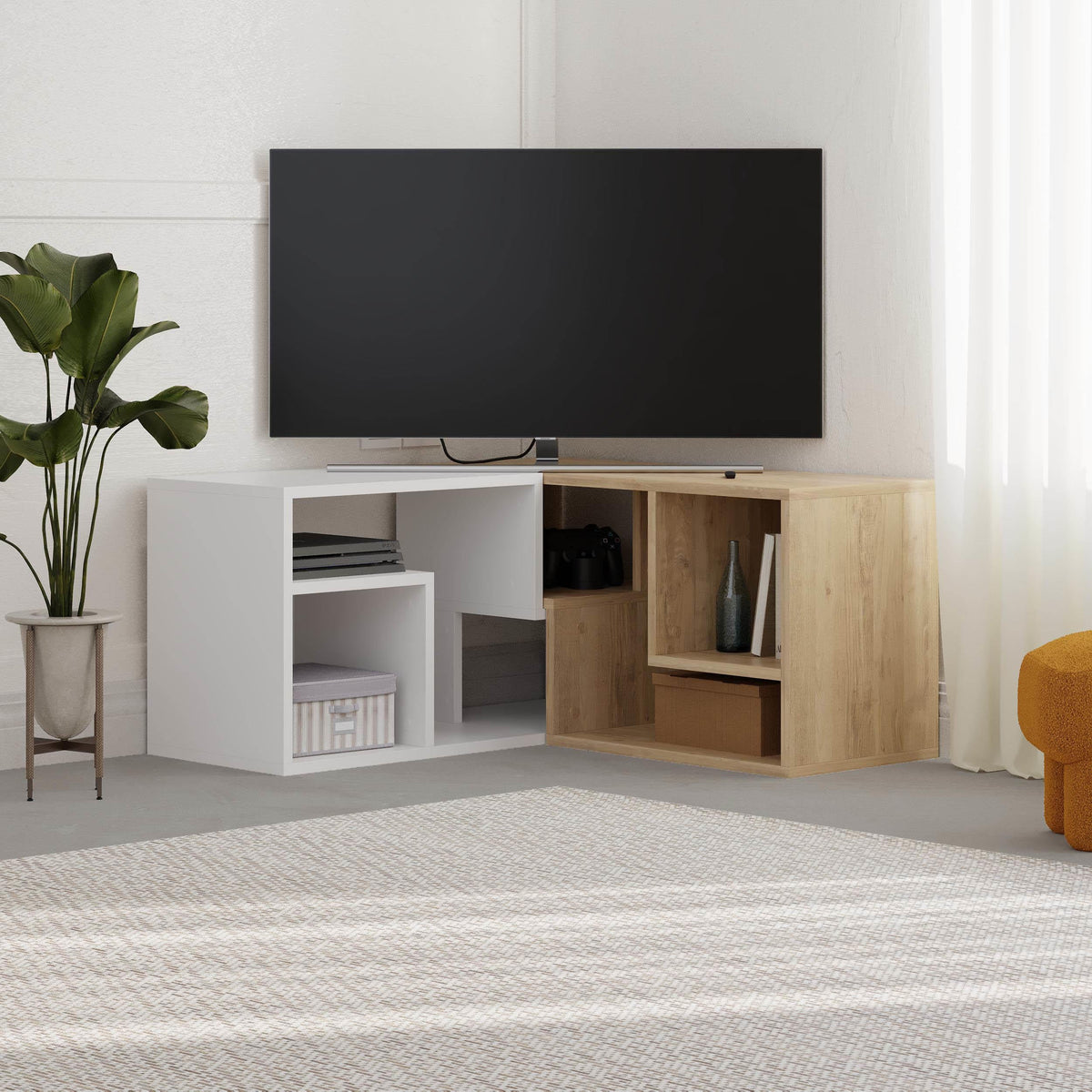 Decortieliving - Glis Corner TV Unit – Modern TV Stand with Adjustable Shelves