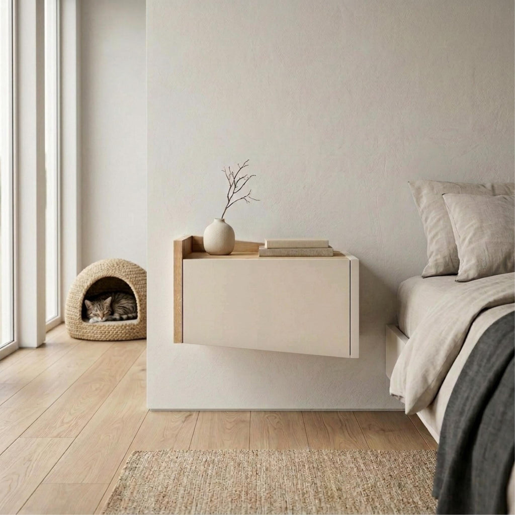 Decortieliving - Diago Floating Bedside Table with Drawer and Top Shelf - Left