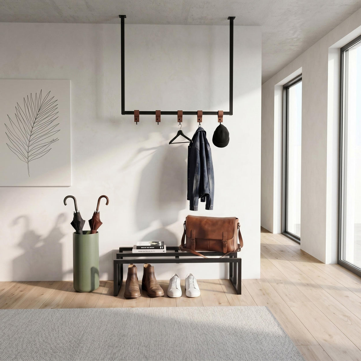 Decortieliving - Roya Hall Set Shoe Rack, 5 Metal Hook Wall Rail Black 72 x 30 x 50.2 cm