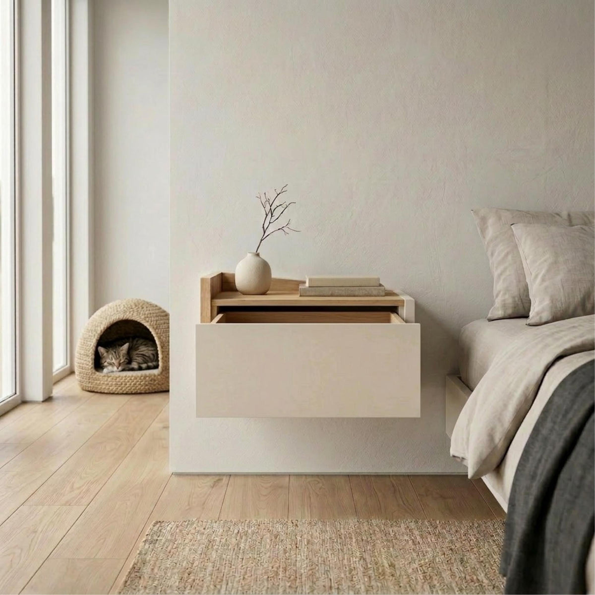 Decortieliving - Diago Floating Bedside Table with Drawer and Top Shelf - Left