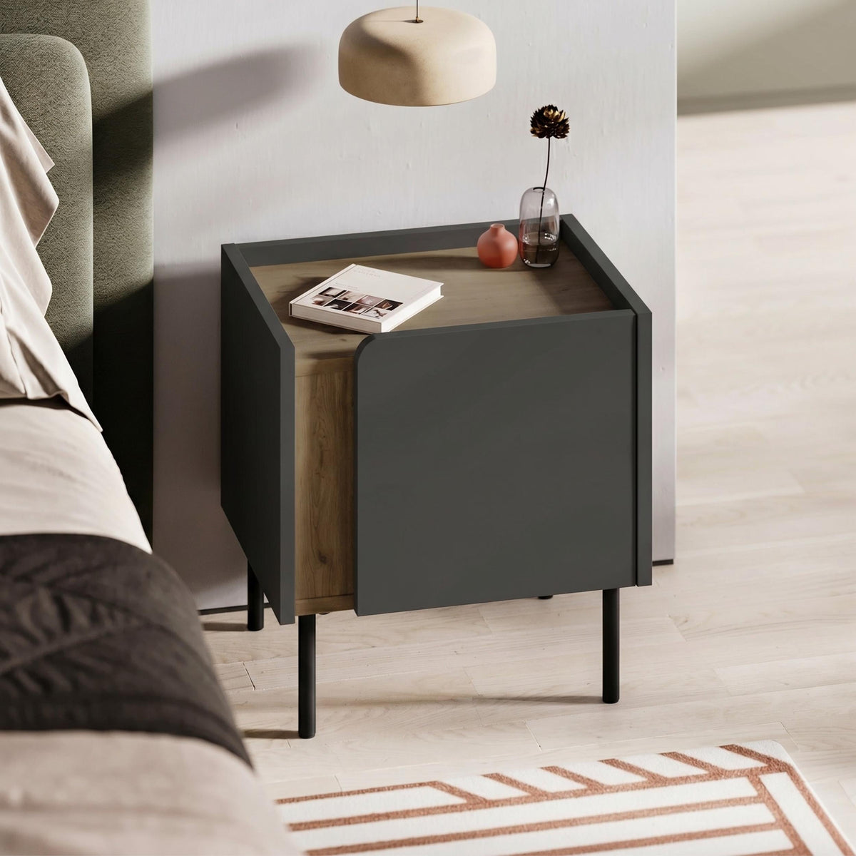 Decortieliving - Norm Modern Bedside Table with Soft-Close Door Storage and Metal Legs