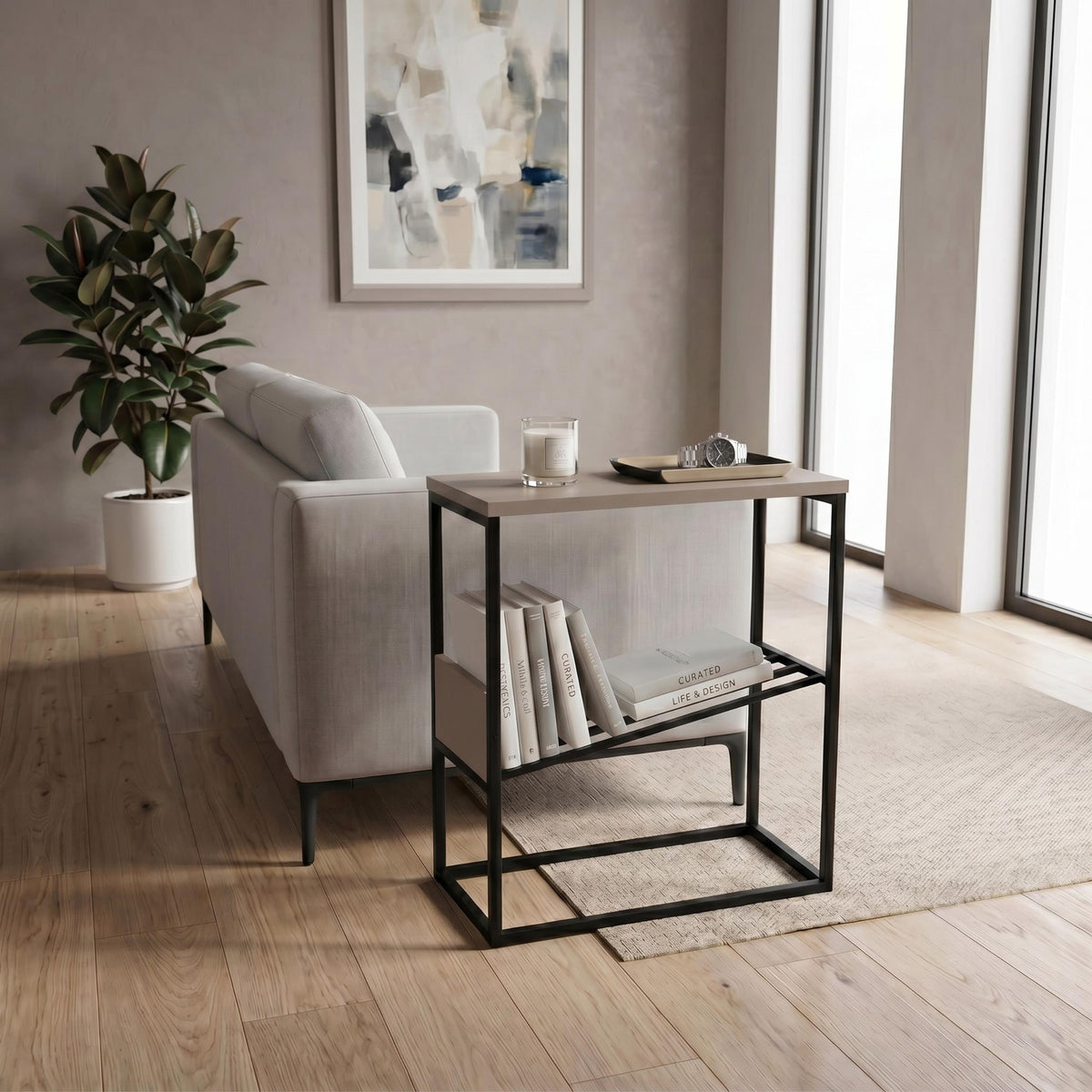 Decortieliving - Tenol Modern Side Table with Metal Angled Shelf