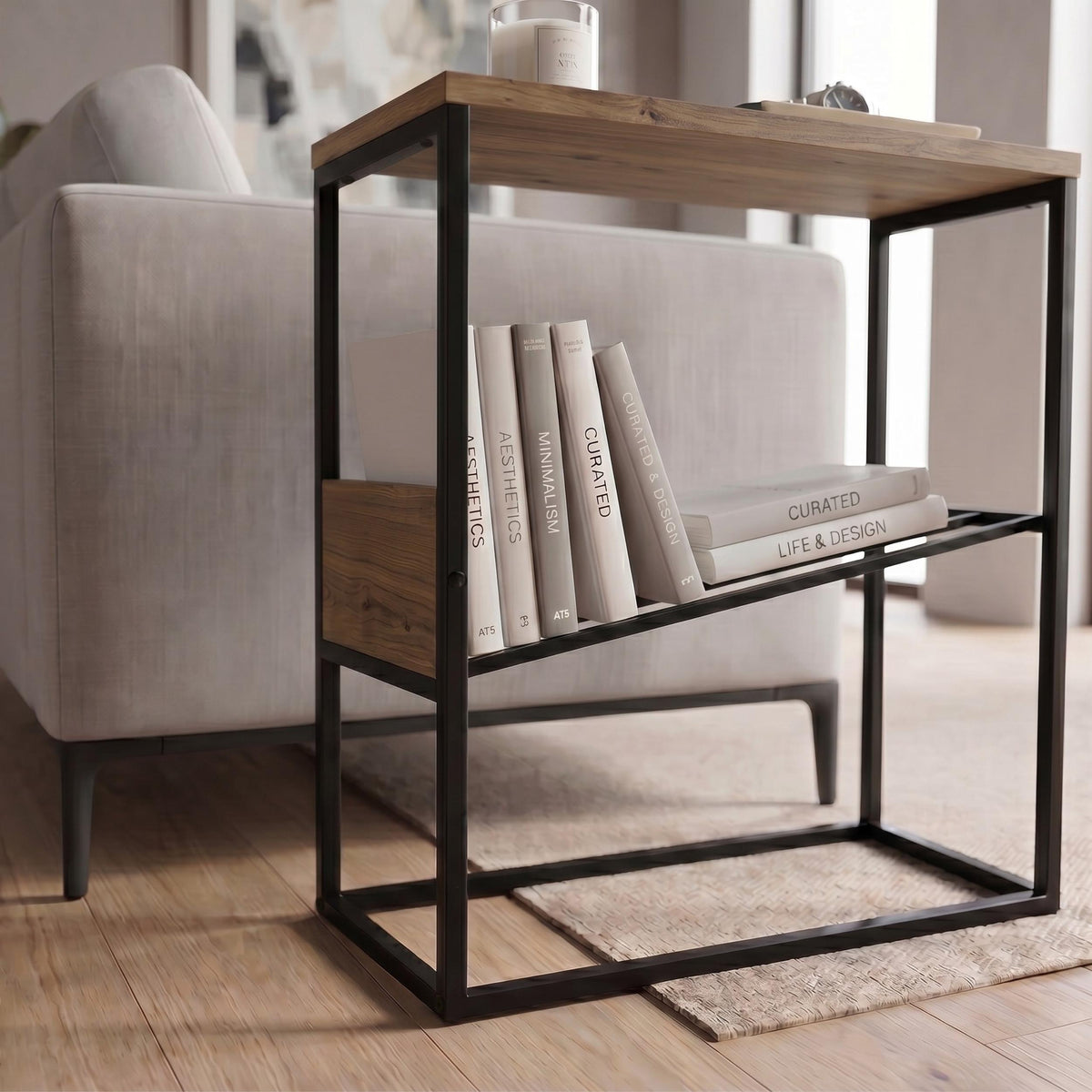 Decortieliving - Tenol Modern Side Table with Metal Angled Shelf