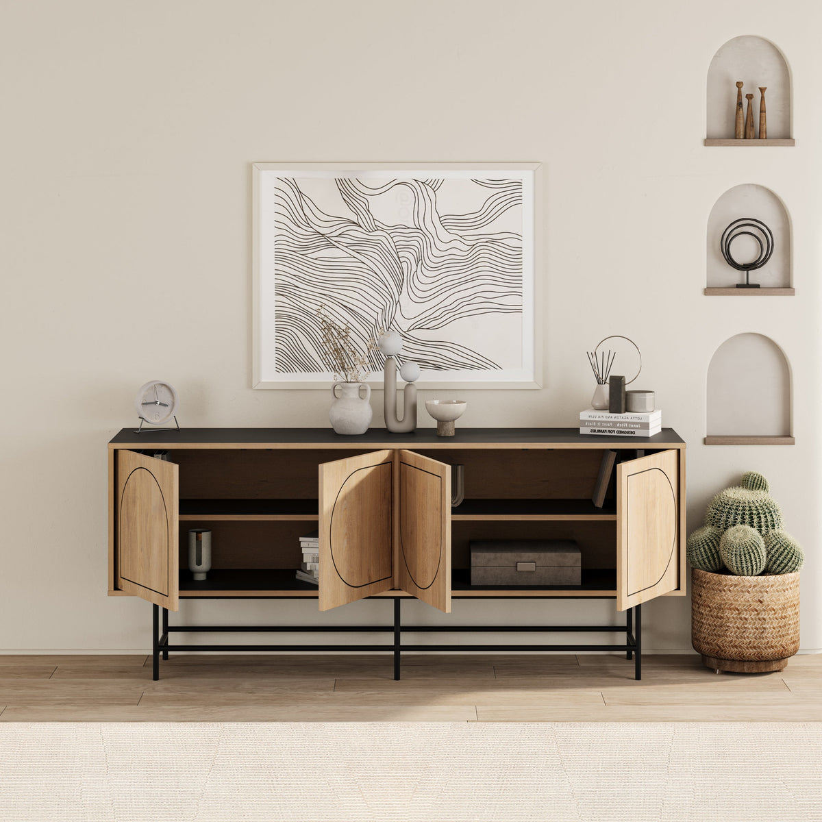 Decortieliving - Joji Modern Sideboard Console Unit - Silky Black and Oak