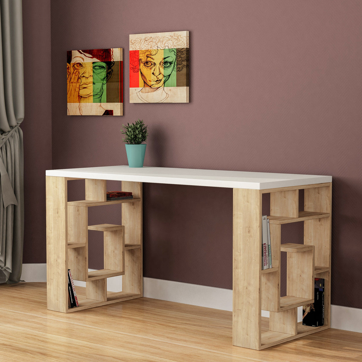 Decortieliving - Labirent Modern Desk With Bookshelf Legs Width 137cm