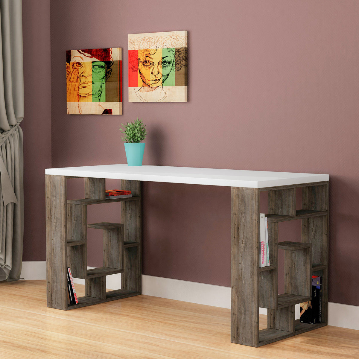 Decortieliving - Labirent Modern Desk With Bookshelf Legs Width 137cm