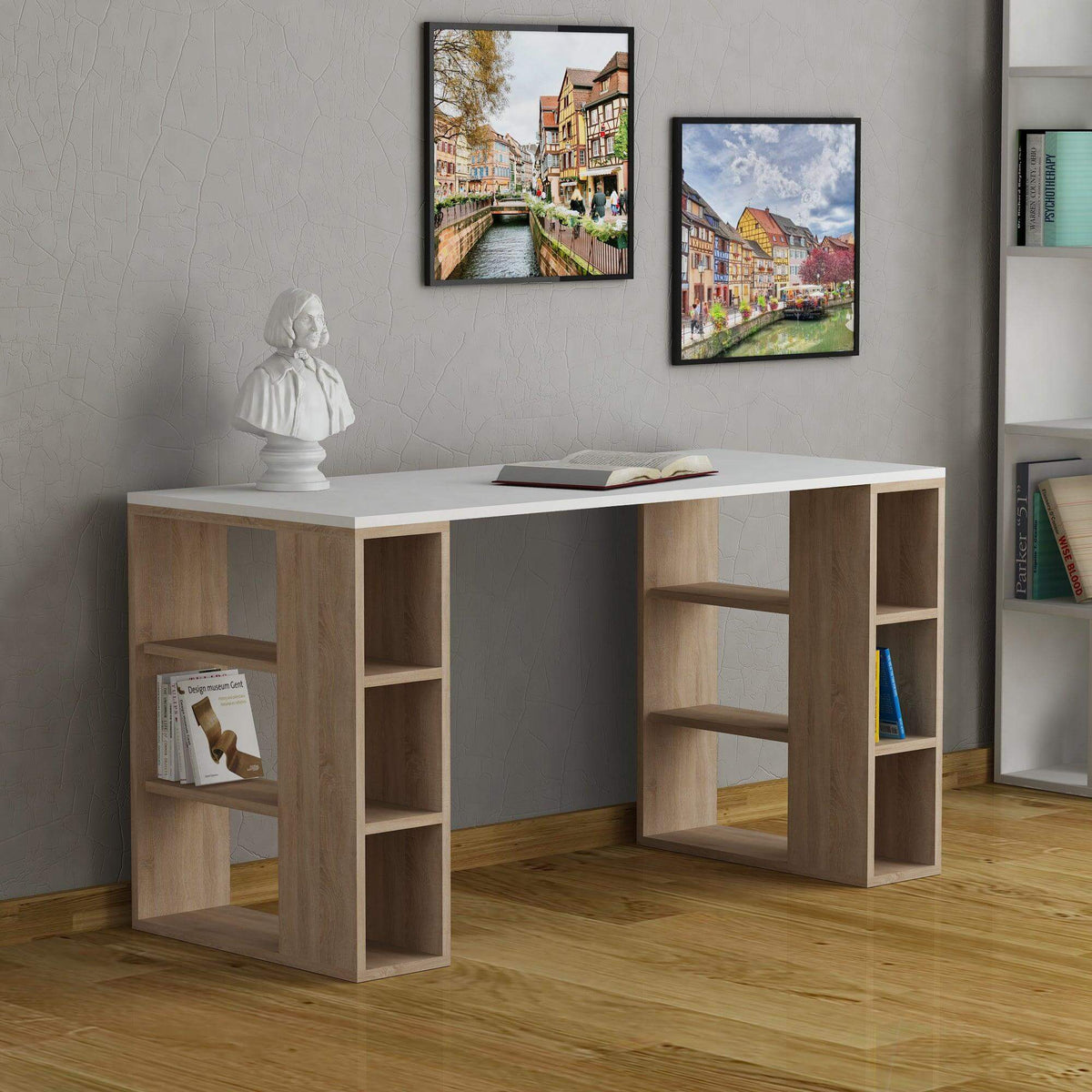 Decortieliving - Home Office Set: Colmar 140cm Desk + Black Bird Lamp + Raffia Basket