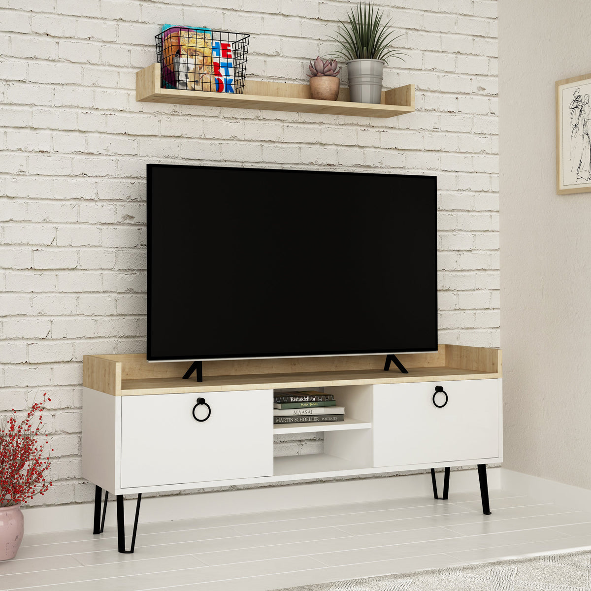 Decortieliving - Keday Modern TV Stand Multimedia Centre With Wall Shelf Unit 140cm