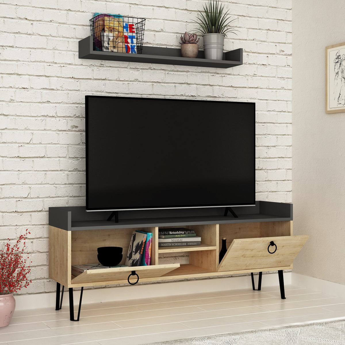 Decortieliving - Keday Modern TV Stand Multimedia Centre With Wall Shelf Unit 140cm