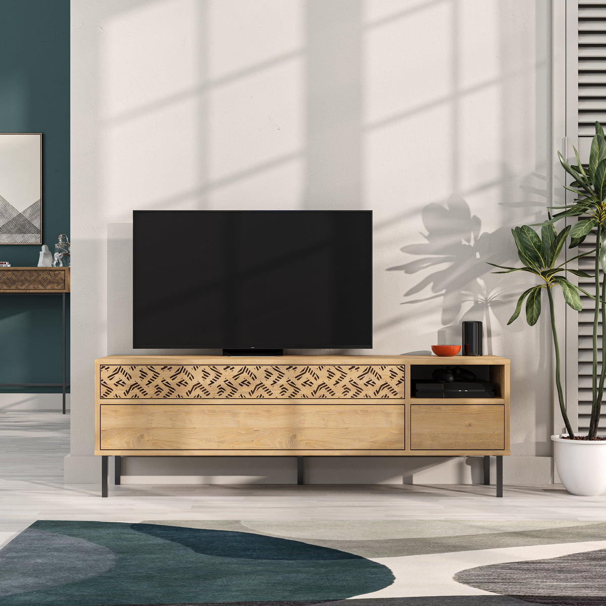 Decortieliving - Heaton Modern TV Stand Multimedia Centre TV Unit With Storage Cabinet 144.6cm
