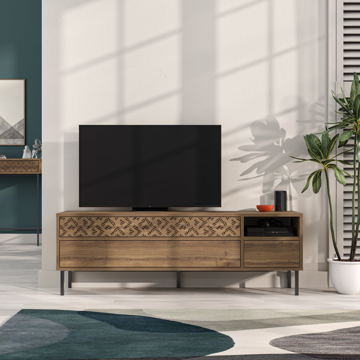 Decortieliving - Heaton Modern TV Stand Multimedia Centre TV Unit With Storage Cabinet 144.6cm