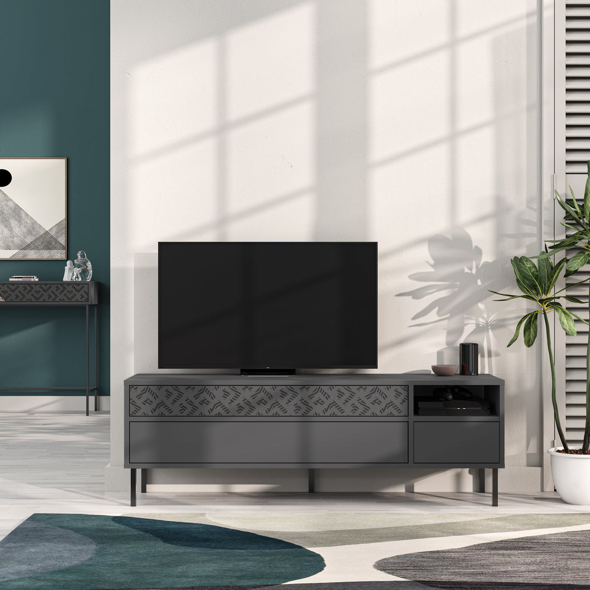 Decortieliving - Heaton Modern TV Stand Multimedia Centre TV Unit With Storage Cabinet 144.6cm