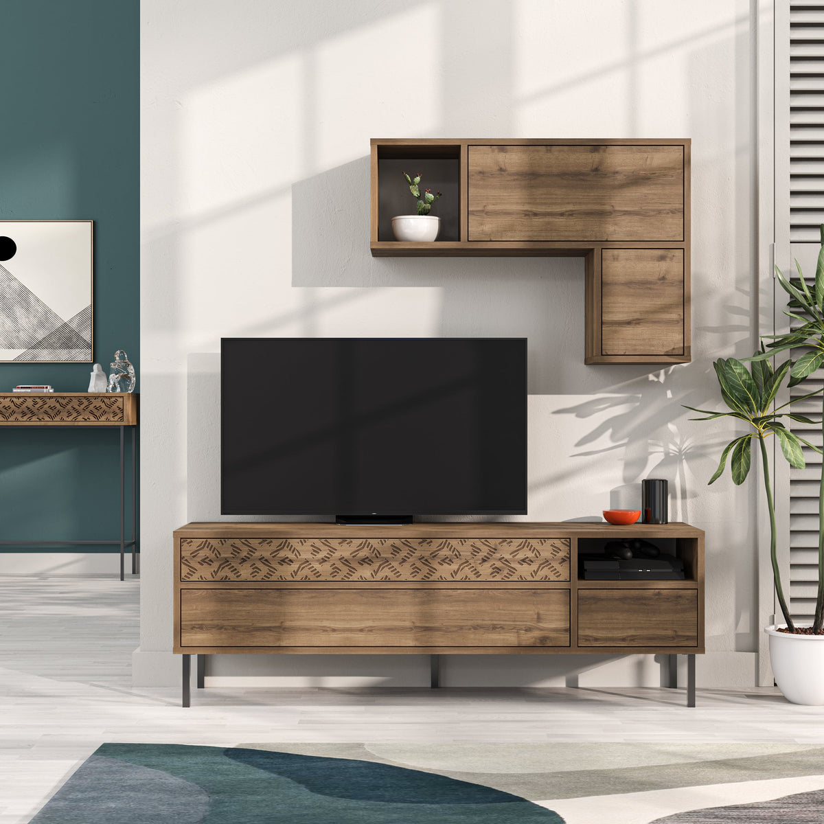 Decortieliving - Heaton Modern Tv Unit With Storage And Wall Shelf 144.6cm