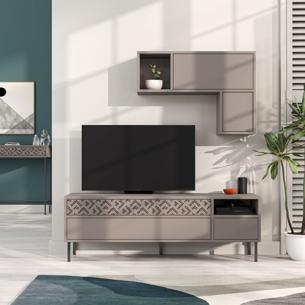 Decortieliving - Heaton Modern Tv Unit With Storage And Wall Shelf 144.6cm