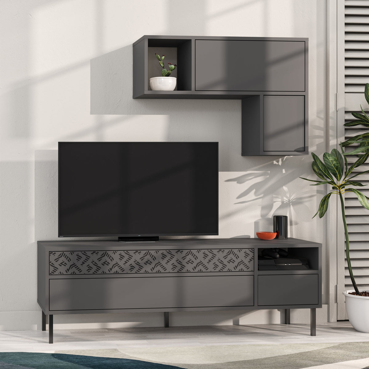 Decortieliving - Heaton Modern Tv Unit With Storage And Wall Shelf 144.6cm