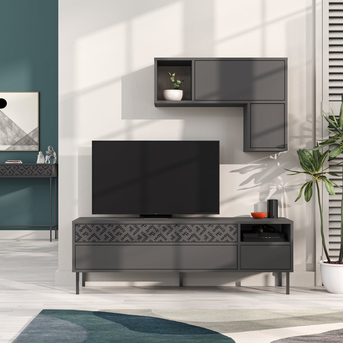 Decortieliving - Heaton Modern Tv Unit With Storage And Wall Shelf 144.6cm