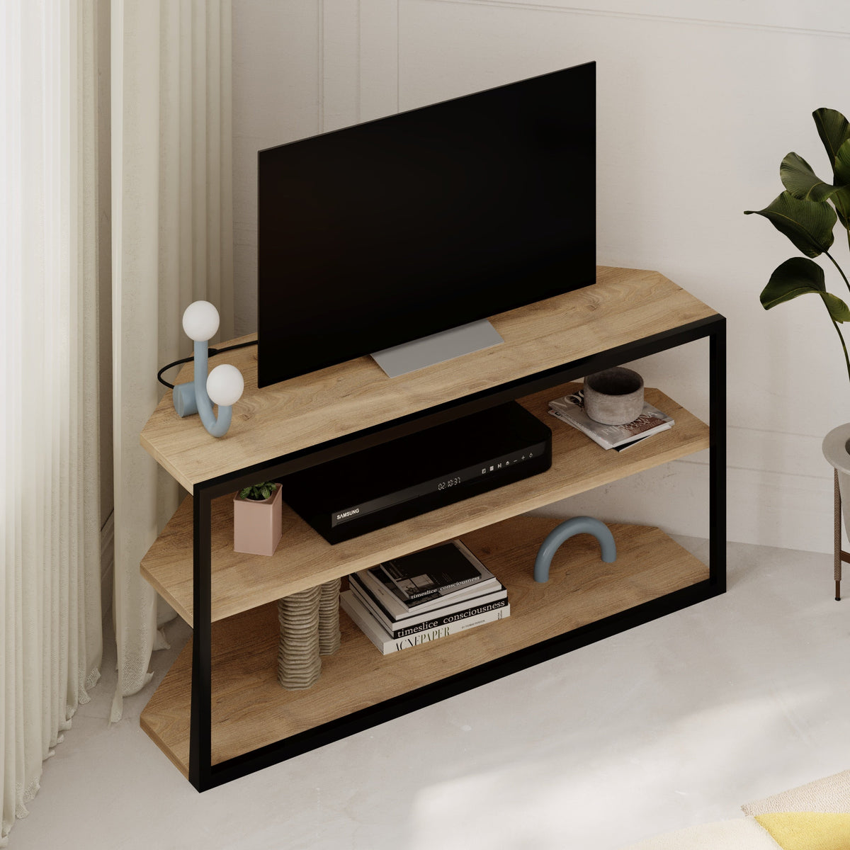 Decortieliving - Echo Corner TV Stand – Compact Corner Unit for TVs with Storage Shelves for Living Rooms or Flats