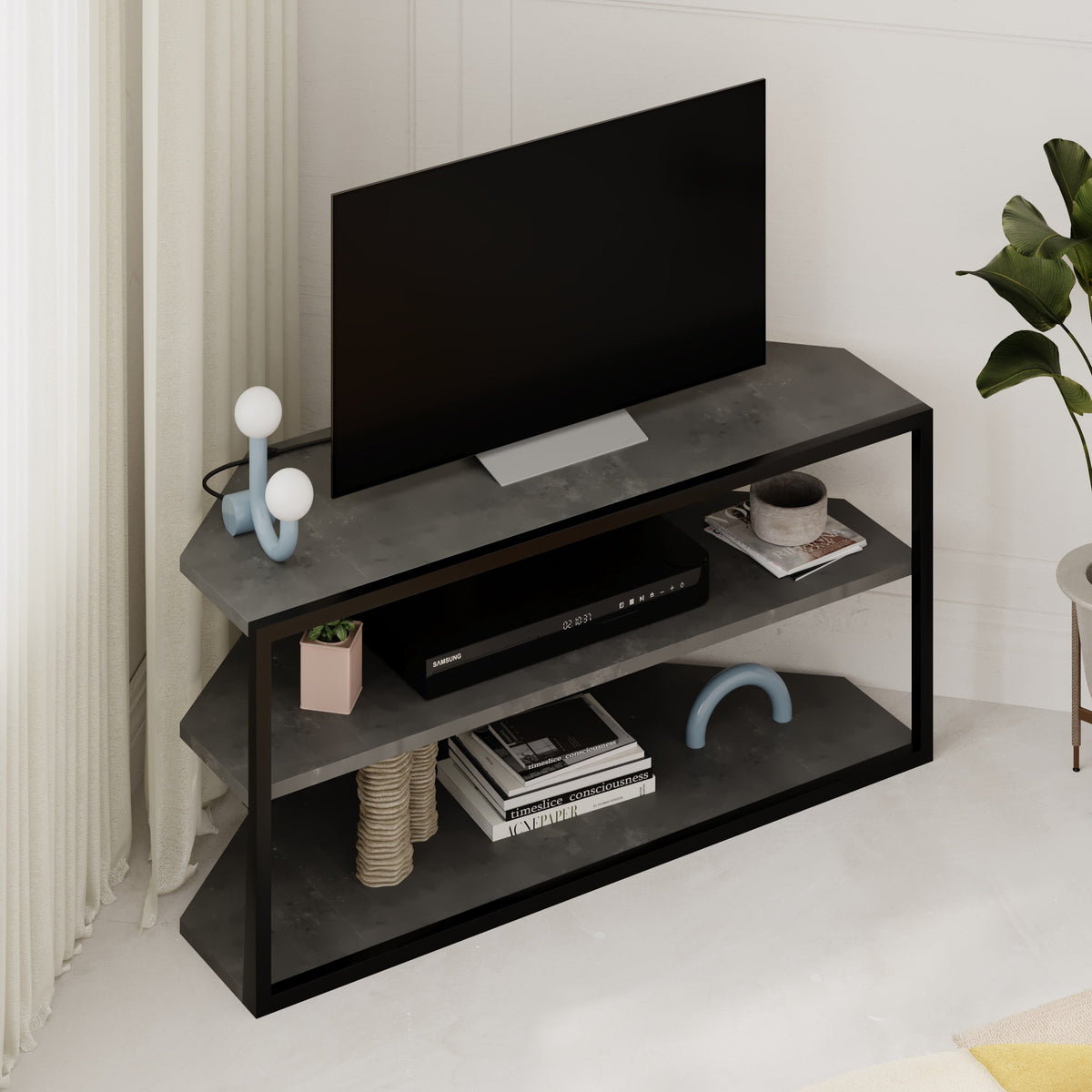 Decortieliving - Echo Corner TV Stand – Compact Corner Unit for TVs with Storage Shelves for Living Rooms or Flats
