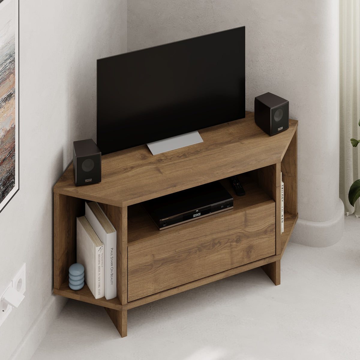 Decortieliving - Modern Viva Corner TV Unit – Compact Corner Stand with Shelves & Cabinet for 40-Inch TVs