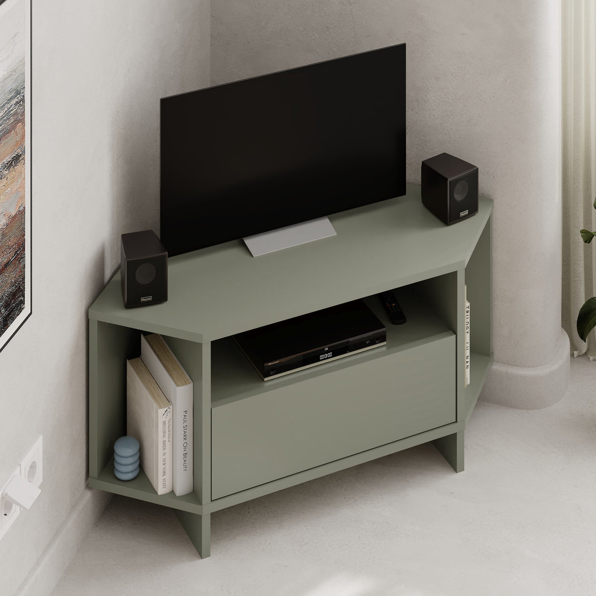 Decortieliving - Modern Viva Corner TV Unit – Compact Corner Stand with Shelves & Cabinet for 40-Inch TVs
